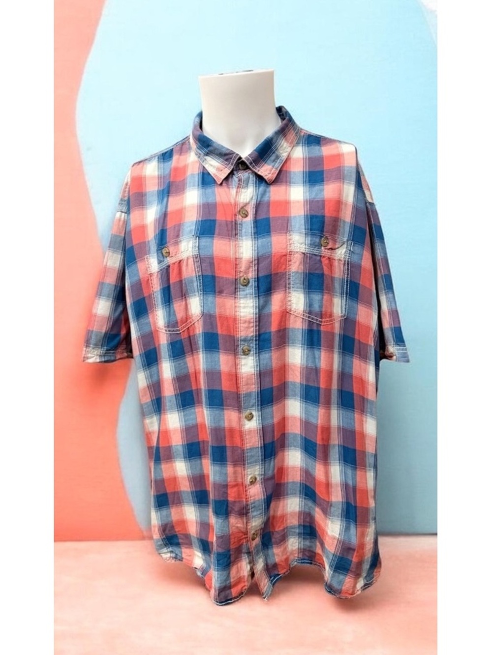 LL Bean 3XL Reg Short Sleeve Button-Up Plaid Shirt Blue and Red